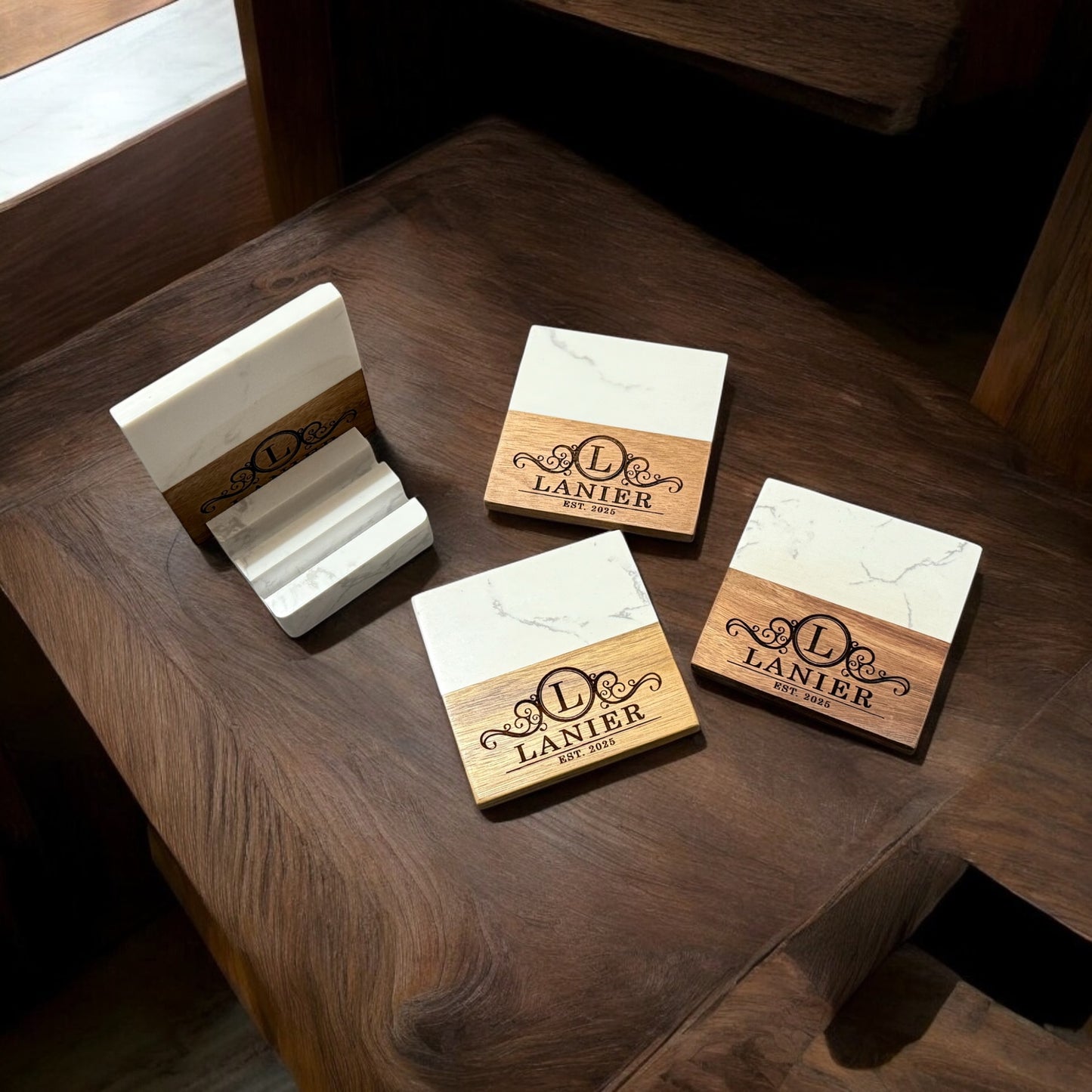 Engraved Wood & Marble Coaster Set