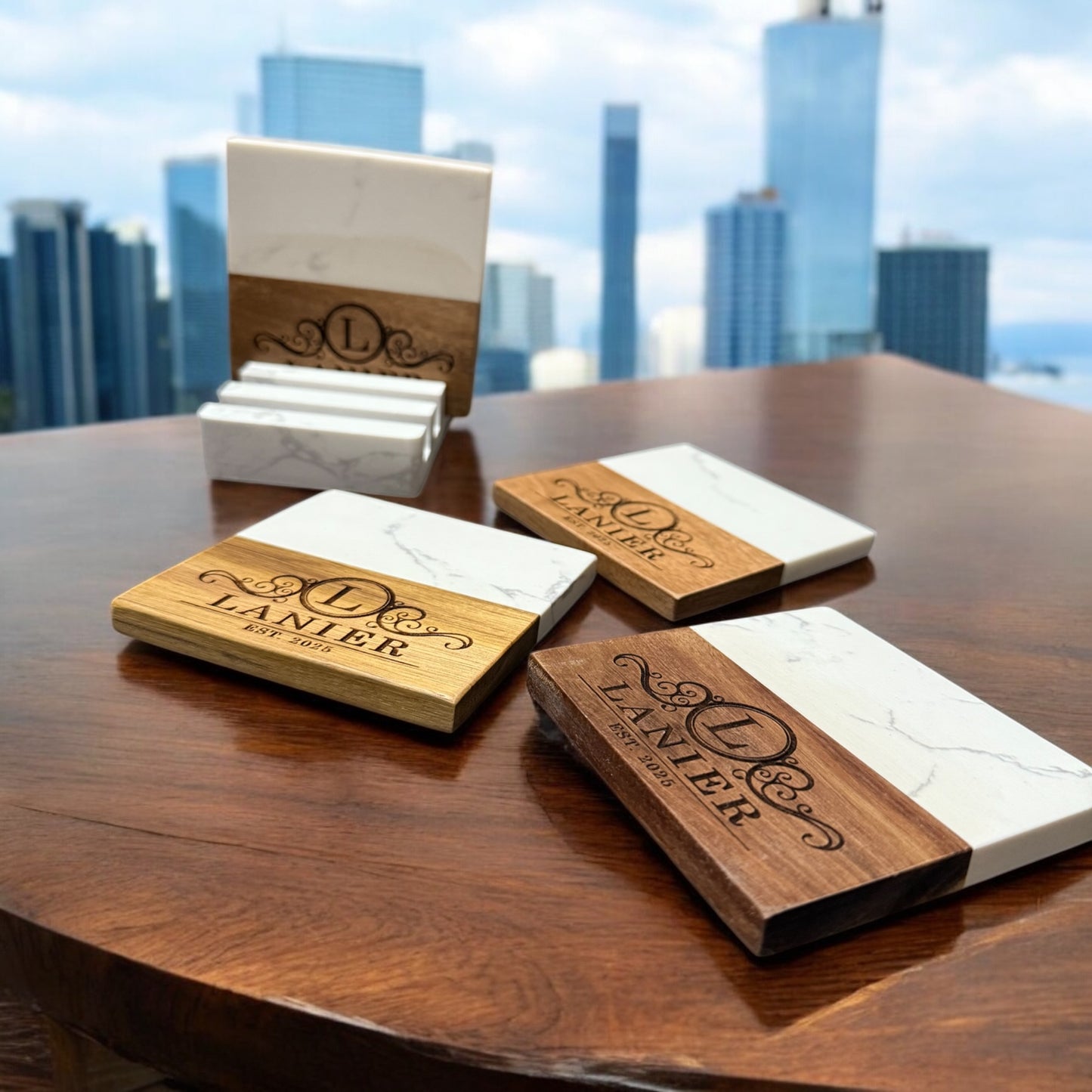 Engraved Wood & Marble Coaster Set